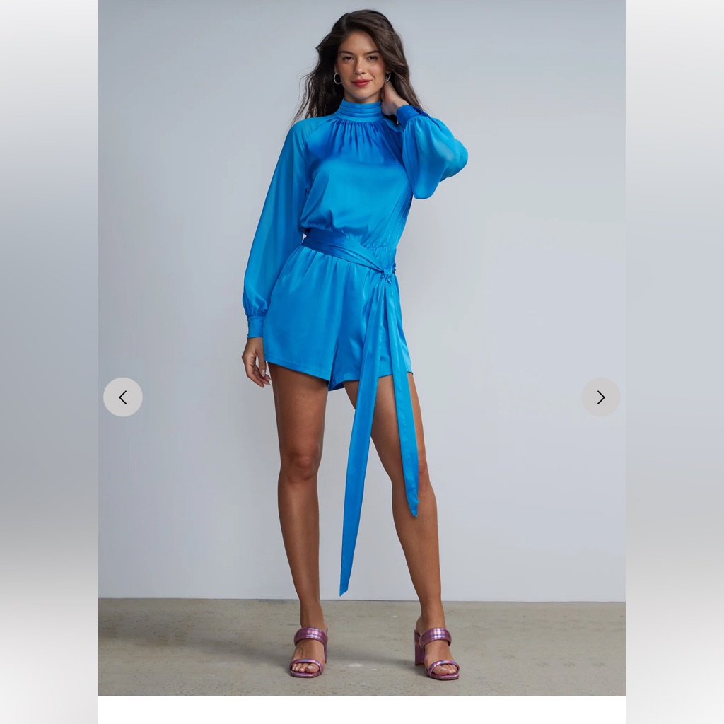 New York & Company Bright Blue Satin Romper With Tie Waist